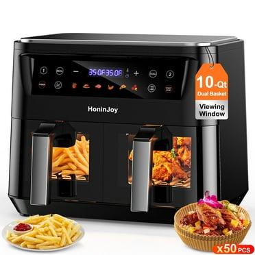 HoninJoy New 10 QT Large Dual Basket Air Fryer, 10-in-1 Air Fryer with Visible Cooking Window and 50PCS Air Fryer Liners, 6 Presets Cookings with Digital LED Touchscreen, Nonstick and Dishwasher-Safe