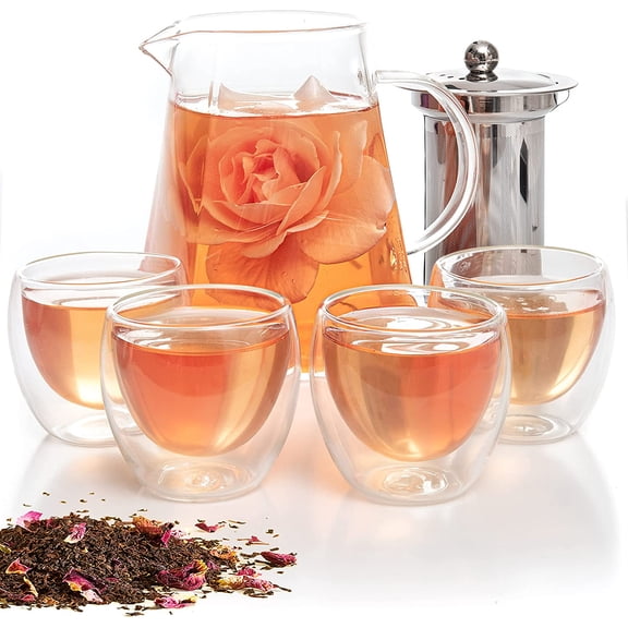 5 Piece Glass Tea Pot Set, Kettle with Removable Infuser, Clear Glass Teapot 33oz With 4 Double Wall Cups 2.7oz Stovetop Safe Teapot For Loose Leaf Tea, Perfct As Tea Gift Sets.