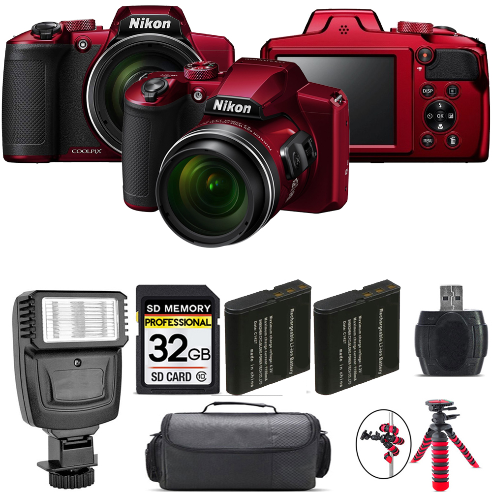 Nikon COOLPIX B600 Digital Camera (Red) + Extra Battery + Flash