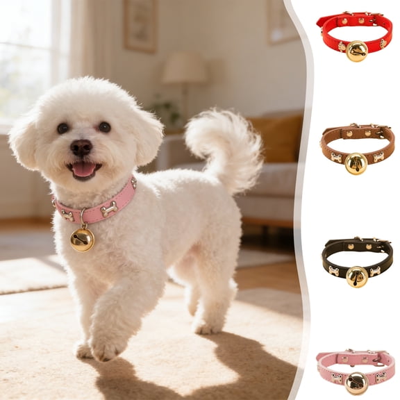 Adjustable Pet Collar with Red Bone Print and Bell for Small Dogs, Cats, and Teddy Bears, Polyurethane Neckband, Multiple Colors, Durable Pet Accessories