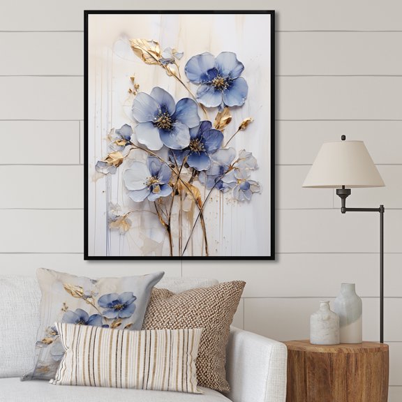Designart "Exquisite Violets In Blue And Gold Hues IV" Violets Floater Framed Wall Art Prints