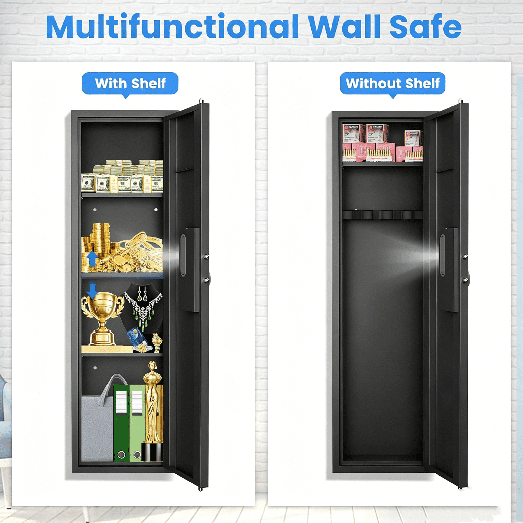 53.15" Tall Hidden Wall Safes Between the Studs 16" Centers,  Wall Safe With Removable shelfs and Adjustable Gun Rack, Digital Keypad Wall Gun Safe for Home Rifle, Cash, Jewelry, Documents - Black