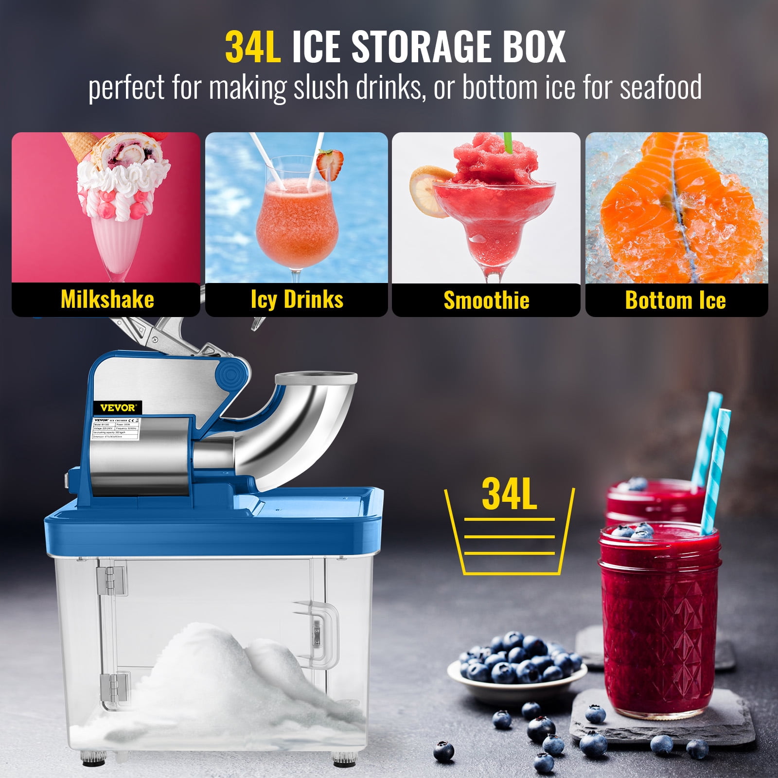 KFFKFF  110V Commercial Ice Crusher 440LBS/H, ETL Approved 300W Electric Snow Cone Machine BLUE