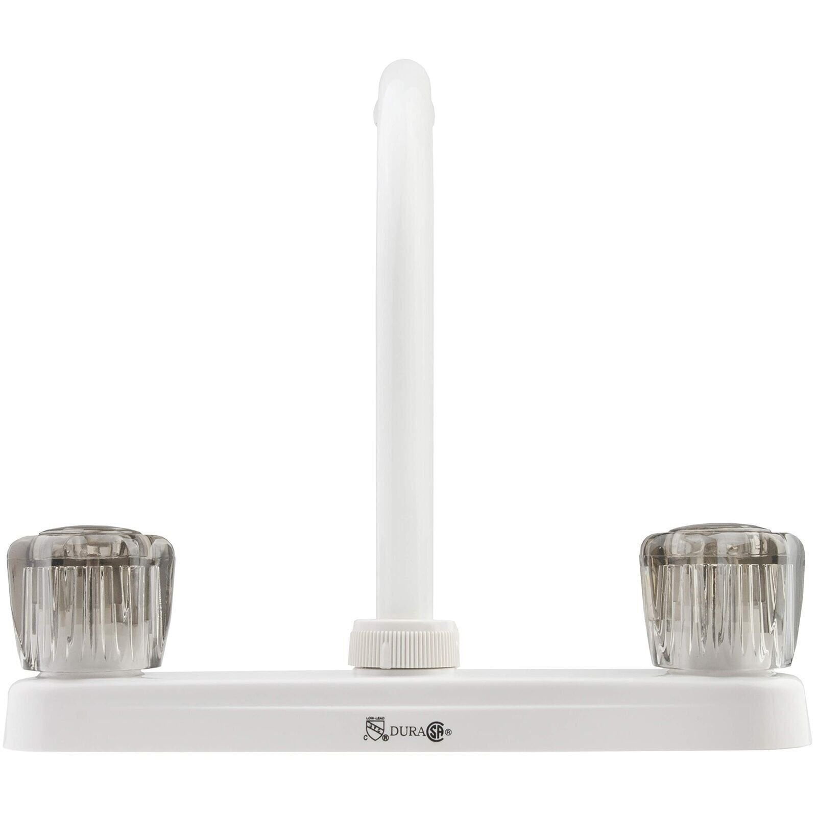 Dura Faucet DF-PK210S-WT Hi-Rise RV Kitchen Sink Faucet with Smoked Acrylic Knobs (White)