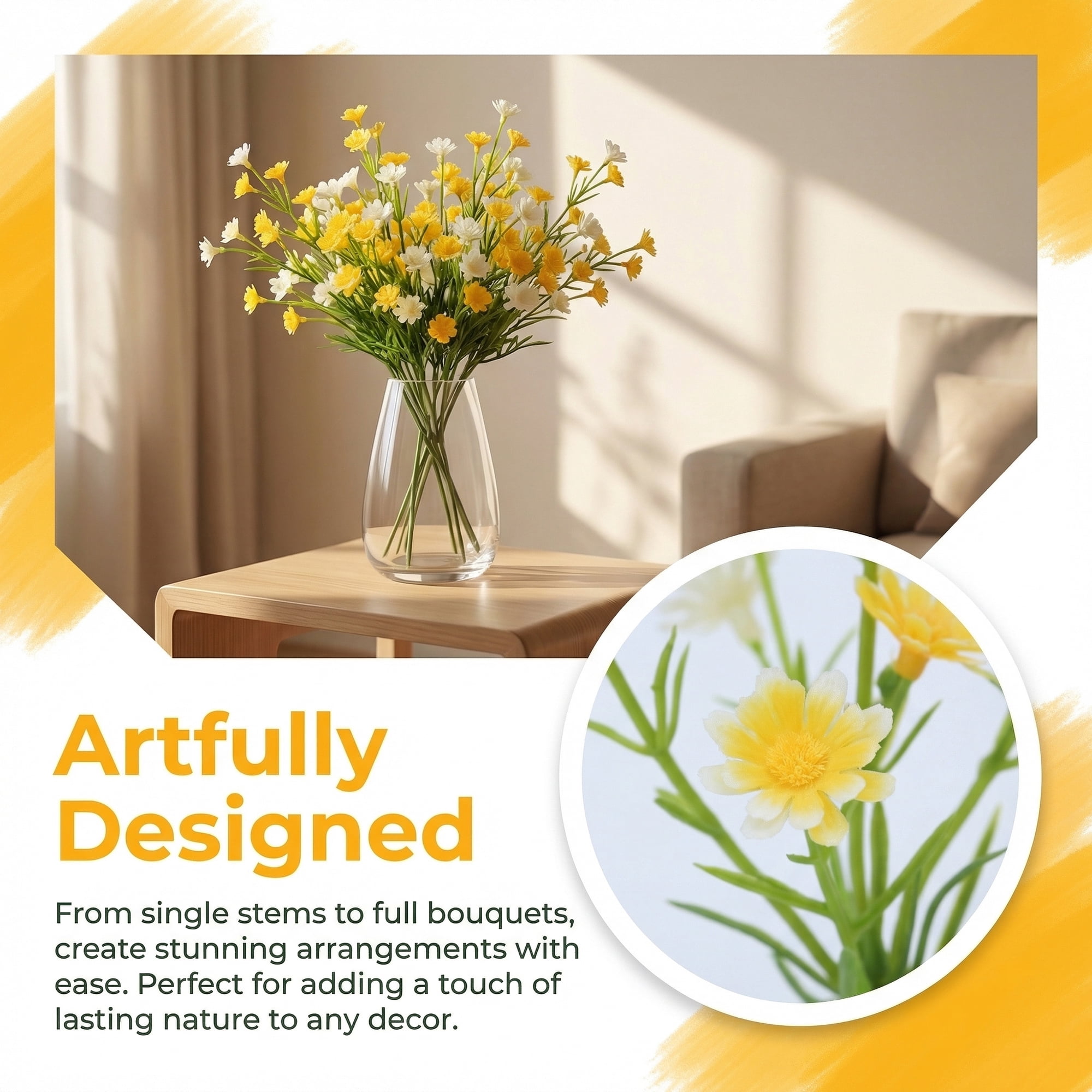 Unique Bargains Artificial Baby's Breath Flowers Faux Bouquets Yellow 8.9inch