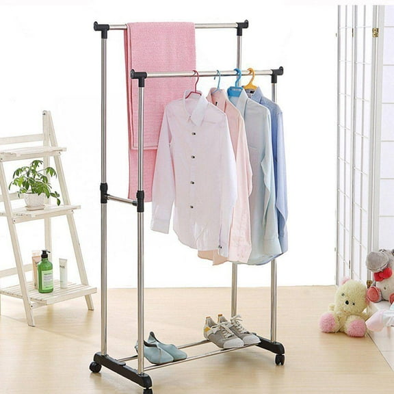 Zimtown Adjustable Double Rail Rolling Clothing Garment Shoe Rack Shelf Organizer Hanger