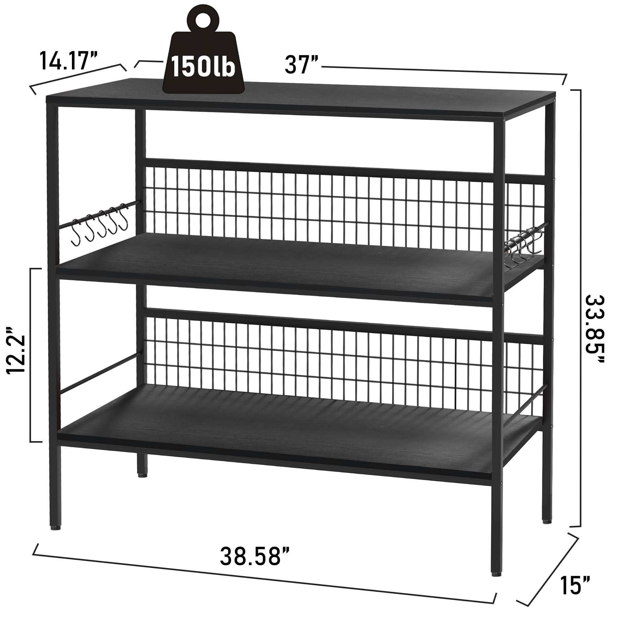 40" Rolling Kitchen Cart Island with Wheels and Storage Shelves, Copedvic 3-Tier Kitchen Bakers Rack Microwave Cart Oven Stand with 10 Hooks, Black