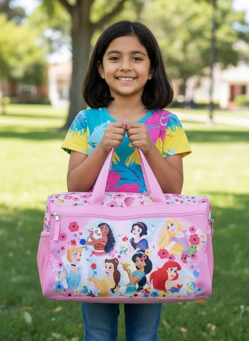 Disney Princess Kids Duffle Bag 16.5"  Travel & Sports Bag with Zipper Pocket, Mesh Side Pockets & Shoulder Strap