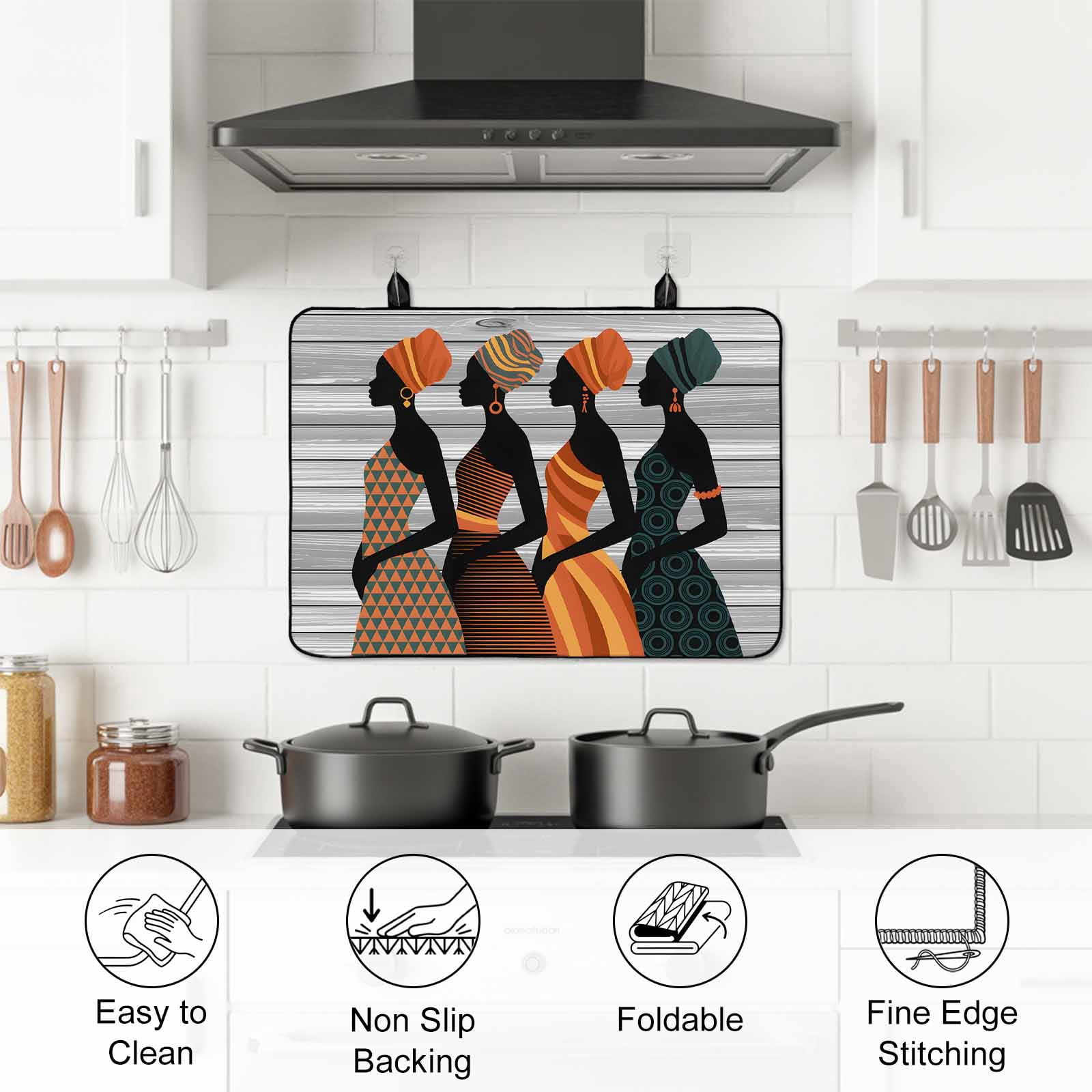 Black Female Stove Top Cover for Electric Stove, Heat-proof & Non Slip Glass Top Stove Cover Protector, African Women Geometric Abstract Art Kitchen Flat Cooktop Rubber Mat 24x21 Inches