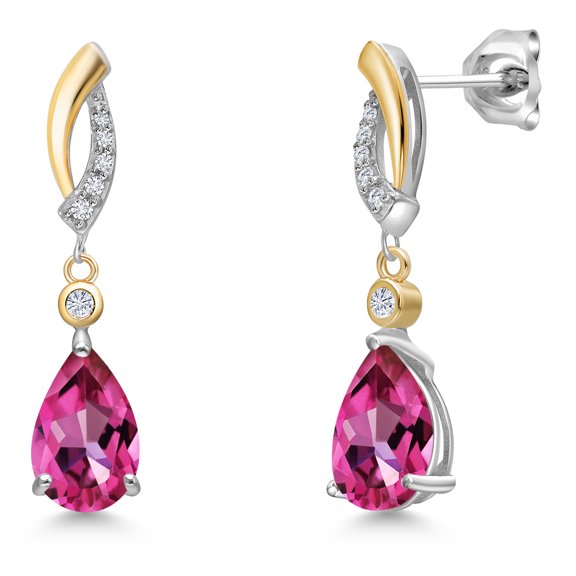 Gem Stone King 925 Silver and 10K Yellow Gold Pure Pink Mystic Topaz and White Moissanite and White Lab Grown Diamond Earrings for Women | 3.27 Cttw | Gemstone November Birthstone | Pear Shape 9X6MM