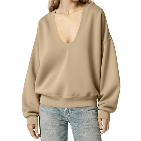 Htigea Womens Deep V-Neck Sweatshirts Raglan Long Sleeve Pullover Top Soft Fleece Lined Fall Winter Sweatshirt Beige S