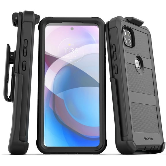 Encased Falcon Armor for Motorola One 5G Ace Case with Built-in Screen Protector and Belt Clip Holster, Protective Heavy Duty Full Body Phone Case (Black)