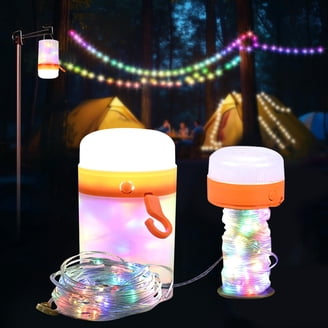 Glowmate 4-in-1 Camp Light & Retractable String Lights – 8 Modes, Solar + Type-C Rechargeable, 32.8FT, Warm White & Multicolor, IP67 Waterproof, Portable Tent Lantern