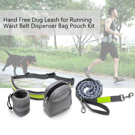 Hand Free Dog Leash for Running Walking Hiking with Reflective Waist Belt Dispenser Bag Large Pouch