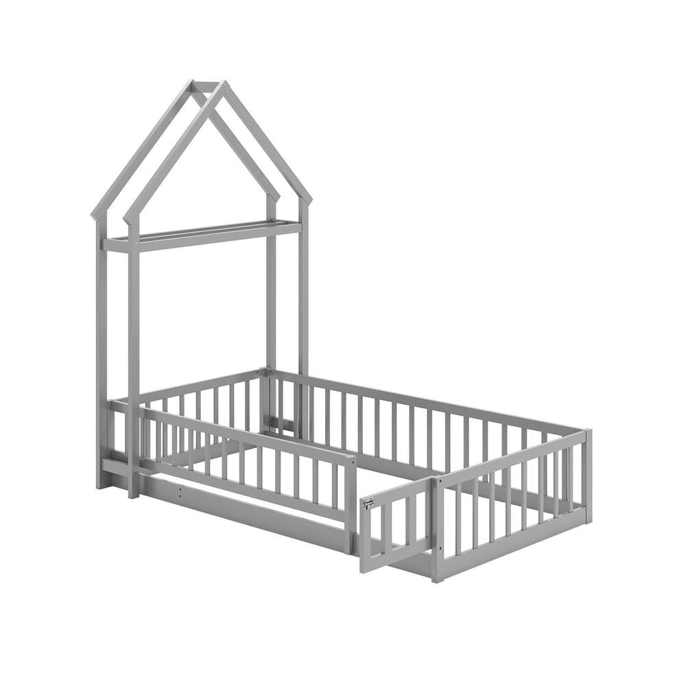 Barara King Twin Size Bedroom Bed Floor Frame with House-shaped Headboard, Bed Platform Frame for Apartment, Bedroom, Gray