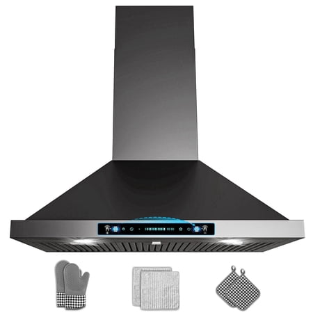 GIMSOL 36" Wall Mount Range Hood, 900 CFM, 4-Speed Gesture Control, Black Teflon-Coated Stainless Steel, Ducted/Ductless