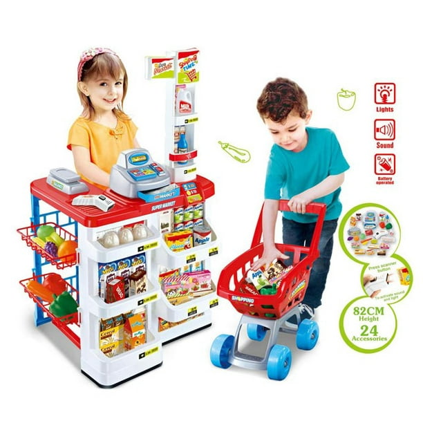Supermarket Play Set Cart, Cash Register, Electronic Scanner, Balance of trade