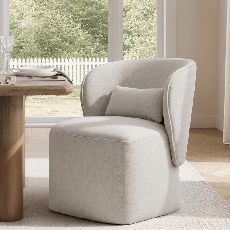 Spruce & Spring Rolling Dining Chairs, Spill-Proof & Stain Resistant Barrel Armchair with Casters, Modern Upholstered Seat and Removable Back Support Pillow for Kitchen Living Room, Wheat