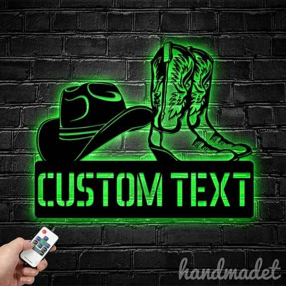 Handmadetneonsign Custom Cowboy Hat Boots Metal Wall Art LED Light, Western Horse Shoes Name Sign