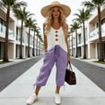 thumbnail image 7 of Linen Capris for Women Casual Travel Drawstring Elastic Waist 3/4 Length Pants Tie Side Straight Leg Cropped Trousers with Pockets, Purples, XXL, 7 of 7