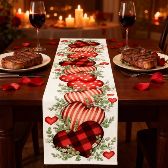 Meggemo 11.8x70.9 Inch Valentine's Day Heart Shaped Table Runner Red Printed Tablecloth Dining Room Holiday Decor Adds Romantic Ambiance to Valentine's Day Meals