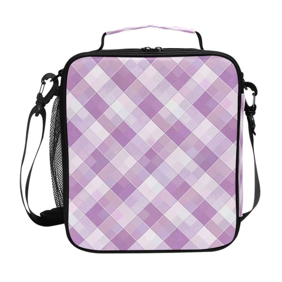 Light Purple Plaid Pattern Insulated Lunch Bag Reusable Lunch Box Lunch Container with Straps