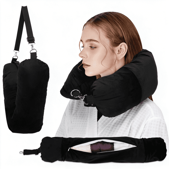 XIBUFE Stuffable Travel Pillow, Stuffable Neck Pillow for Travel, Neck Pillow Stuffed with Clothes Storage - No Extra Baggage Fees, Fits 5 Days of Travel Essentials, No Filler (Black)