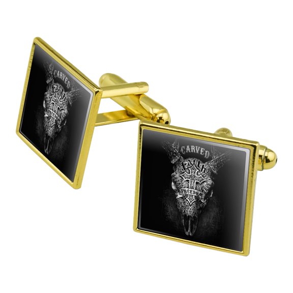 Carved Faith Freedom Religion Steer Skull Square Cufflink Set - Silver or Gold