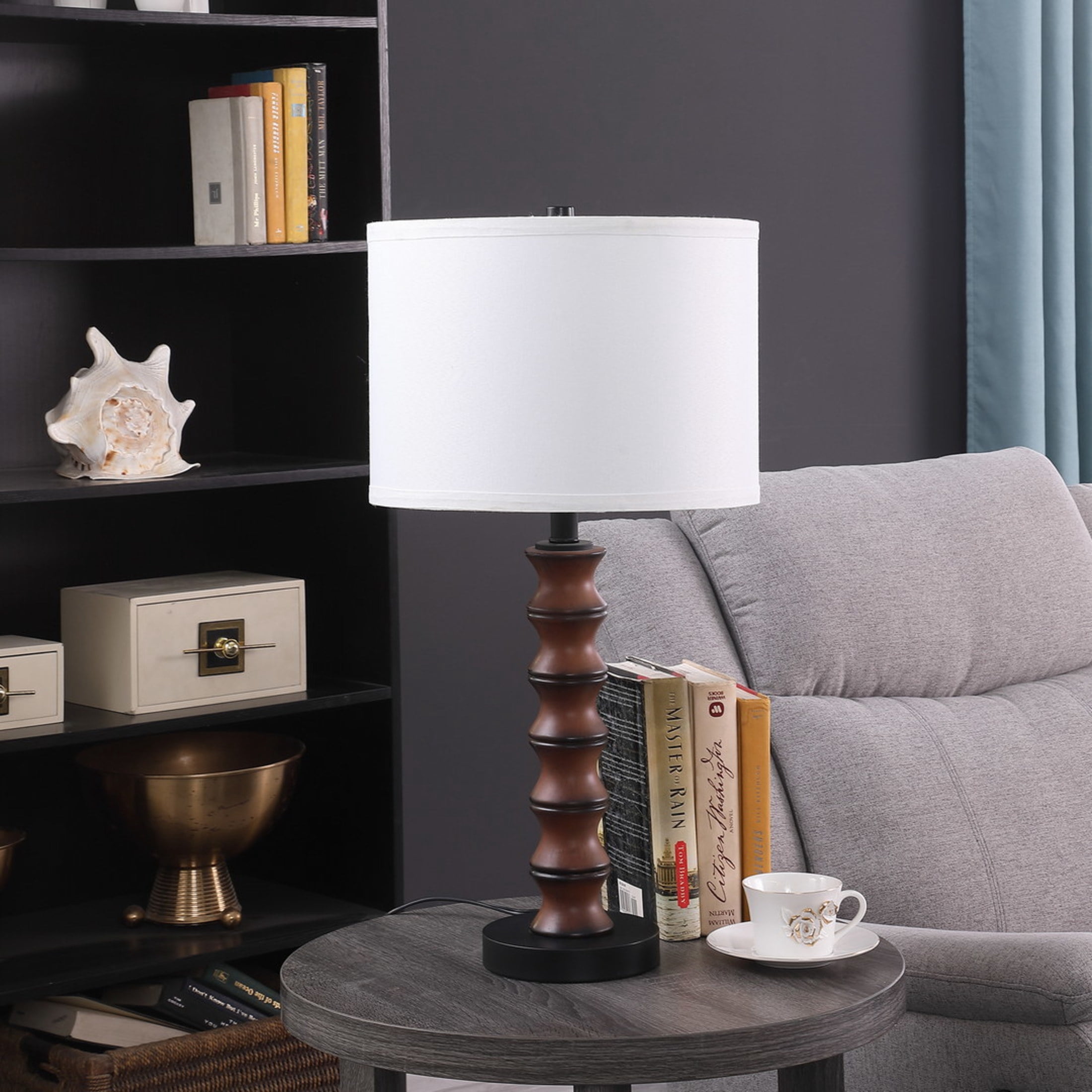 Noble House 27.5" Littoral Coastal Table Lamp, Polyresin and Metal Base with White Linen Drum Shade, Cherry