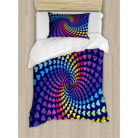 Whirlpool Twin Thin Colorful Twin Size Duvet Cover Set, Whirlpool of Little Hearts in Rainbow Colors Retro Style Psychedelic Love Romance, Decorative 2 Piece Bedding Set with 1 Pillow Sham, Multicolor, by Ambesonne ()