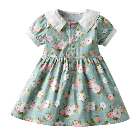 

IROINNID Infant Girl s Summer Short Puff Sleeve Turndown Lapel Sundress Floral Print A-line Dress with Cute Hat 2PC