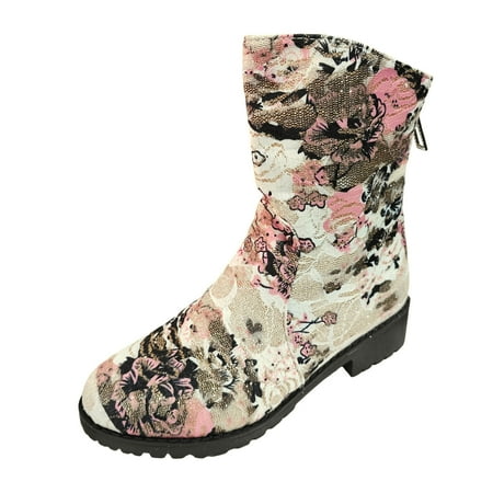 OJSFQUFP Women Ankle Boots Ladies Fashion Retro Flower Fabric Pointed Back Zipper Thick Heel Short Boots Comfortable Fall Shoes Ankle Boots for Women Low Heel Pink 42
