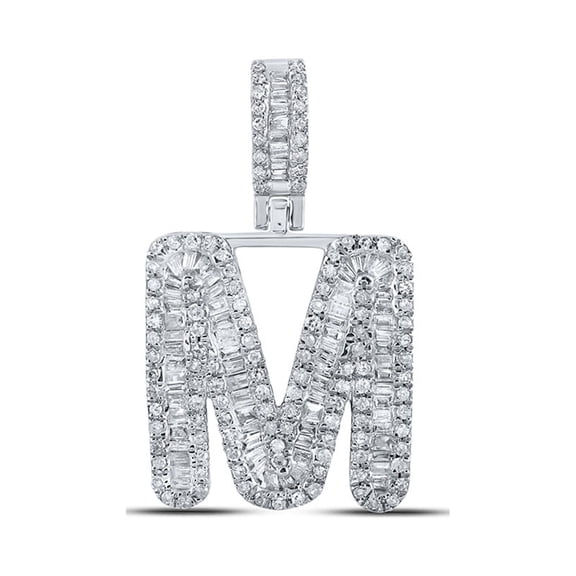 10kt White Gold Mens Baguette Diamond M Initial Letter Pendant 3/4 Cttw