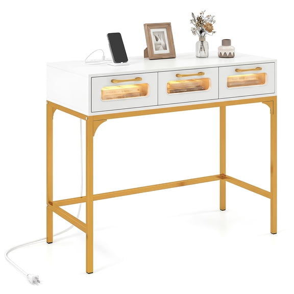 Costway Console Table with LED Lighting & Charging Station,Entryway Table with 3 Drawers White Golden