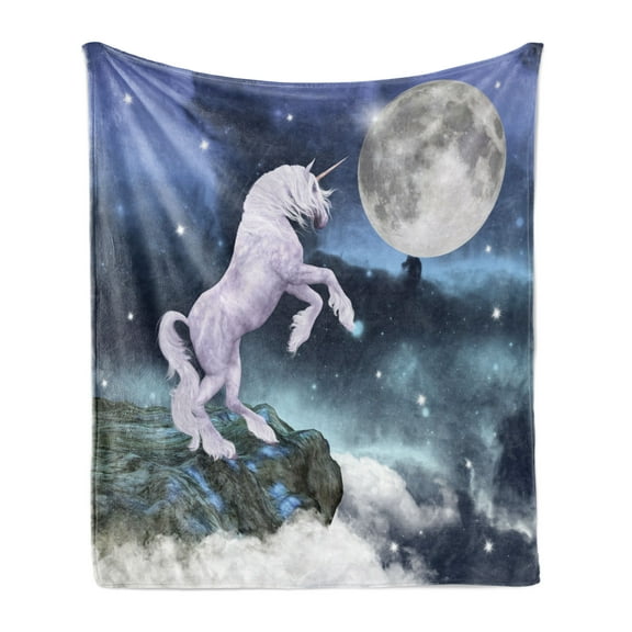 Unicorn Soft Flannel Fleece Throw Blanket, Creature up Cliffs Rocks in Full Moonlight Sky Fantasy Design Artprint, Cozy Plush for Indoor and Outdoor Use, 60" x 80", Lilac Blue, by Ambesonne