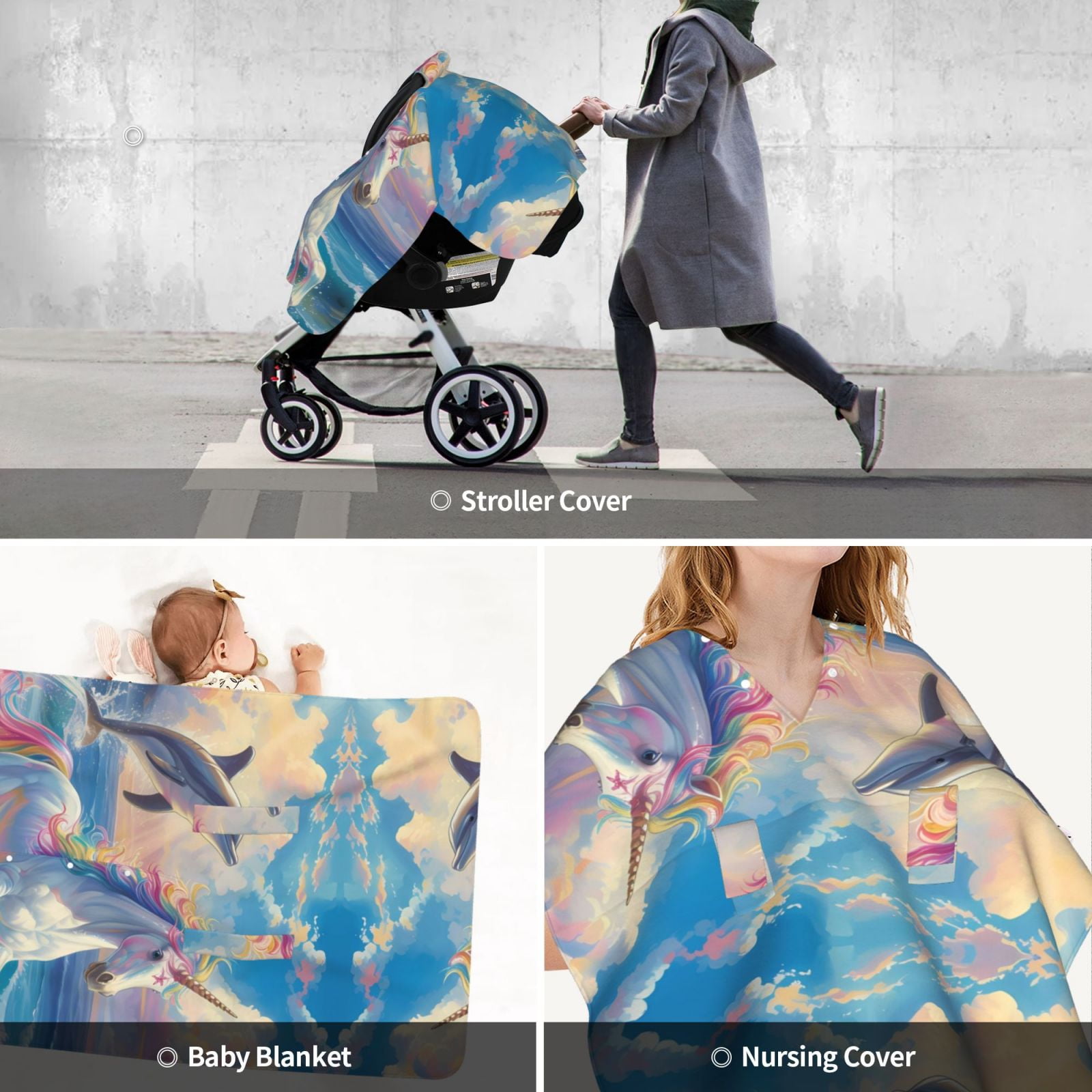 Car Seat Cover Baby - Dolphin Rainbow Horse Breathable Infant Car Seat Cover for Baby Carseat, Lightweight Comfort Baby Essentials Must Haves Newborn Stuff for Girl Boy