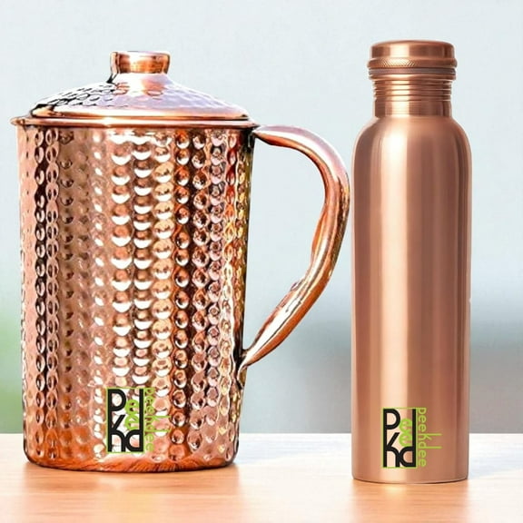 Peekdee Pure Copper Hammered Jug 1.5 Liter with Plain Bottle for Health & Elegance