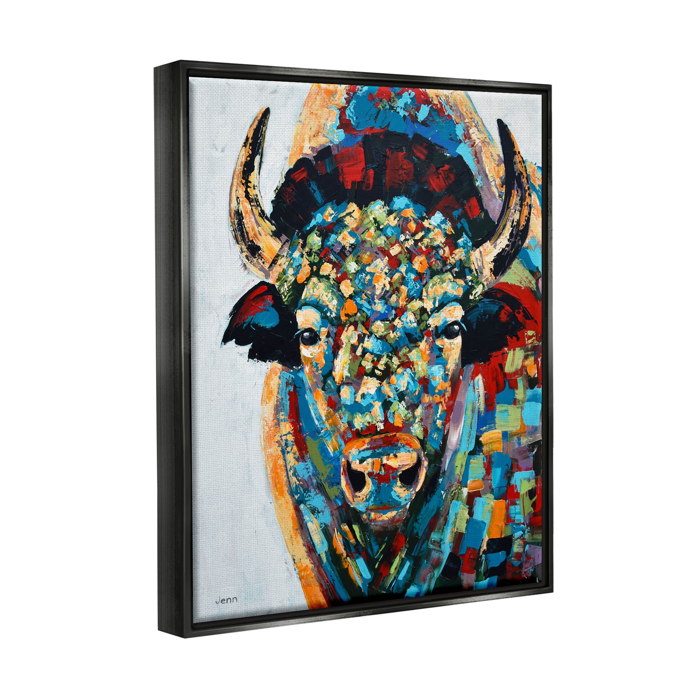 Abstract Bison Kaleidoscopic Strokes Animals & Insects Painting Jet Black Framed Art Print Wall Art
