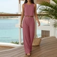 thumbnail image 6 of Linen Look Two Piece Set for Women, Sleeveless Crop Top & Wide Leg Pants with Pockets - Summer Casual Lounge Outfit Pink XL, 6 of 7