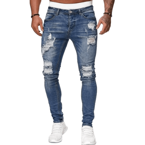 Men’s Distressed Skinny Fit Ripped Denim Jeans, Medium Wash, Medium