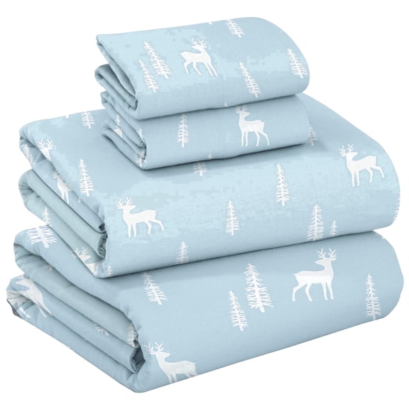 RUVANTI Flannel Sheets Queen Size - GOTS Certified 100% Organic Cotton, 4 Piece Warm, Soft & Breathable Set, Deep Pocket Snug Fit, Double Brushed Cozy All Season Bedding, Blue Pine
