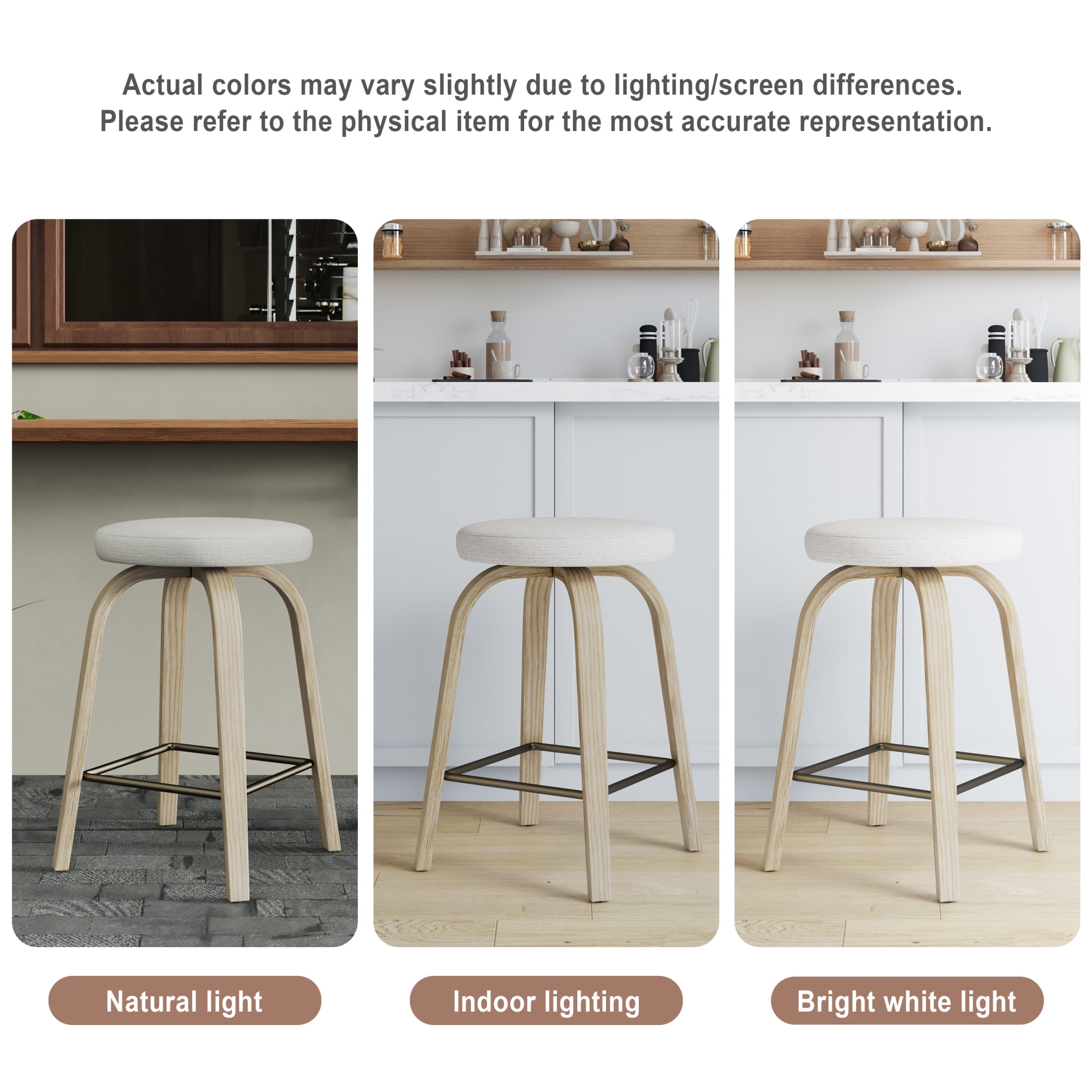 Noble House Florin 26" Swivel Backless Counter Height Bar Stools with Upholstered Seat & Bentwood Legs, Beige, Set of 2
