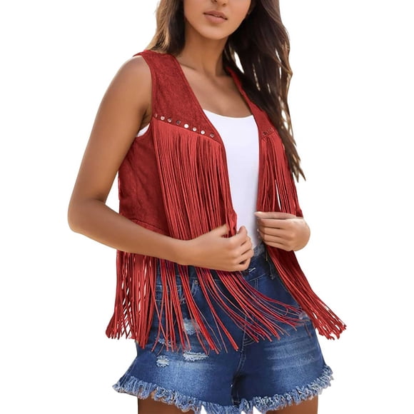 GDREDA Womens Fringe Vest Faux Suede Open Front Sleeveless Boho Western Jacket 70s Hippie Style Cardigan Red,L
