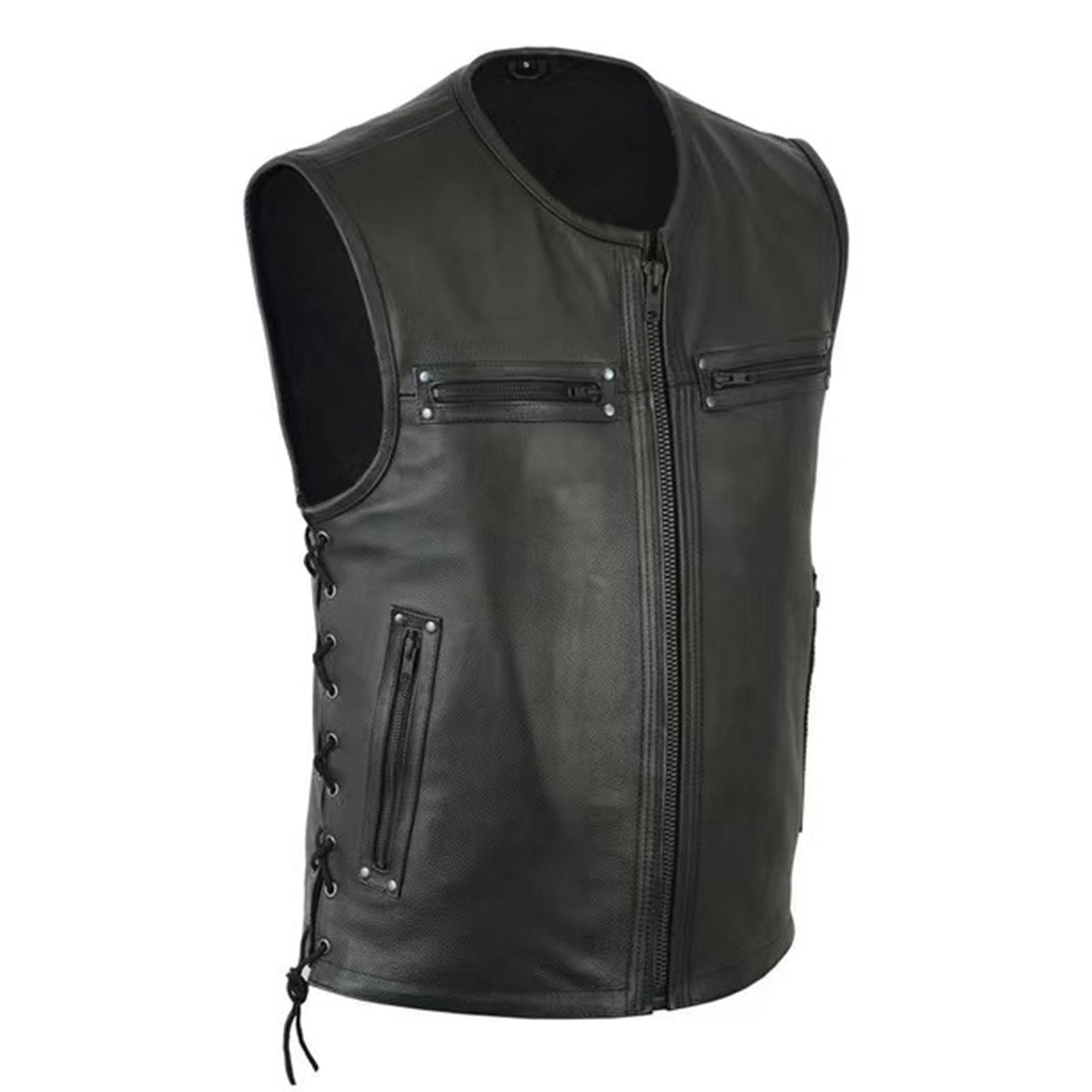 YLSDY Men's Black Cowhide Leather Motorcycle Vest with Side Laces Zipper Front Closure Black L