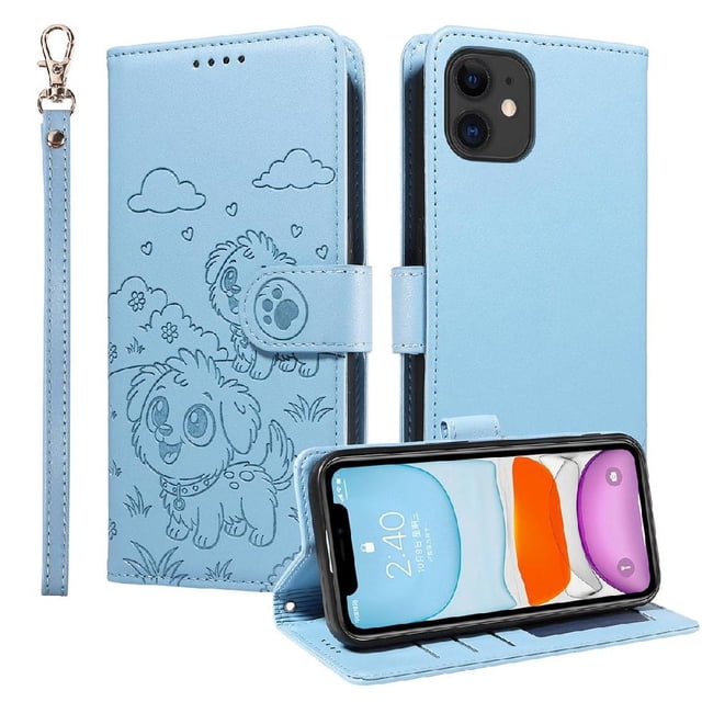 Funda Cartera GANGXUN con Diseño de Perrito en Relieve para iPhone 11 , Protección 360° con Ranuras y Correa Desmontable