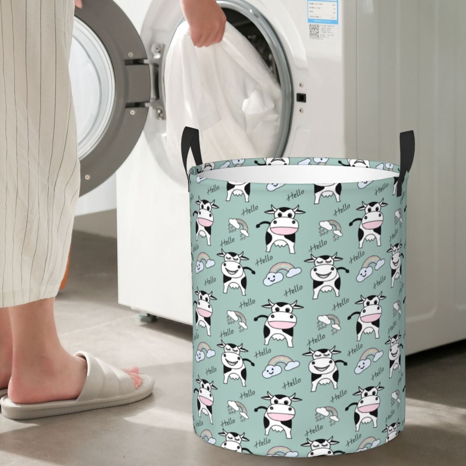 Large Laundry Basket with Handles - Cute Funny Cow Rainbow Clouds Kids Baby Dirty Clothes Laundry Hamper for Bedroom Aesthetic