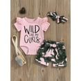 thumbnail image 2 of Bagilaanoe 3pcs Newborn Baby Girl Shorts Set Fly Sleeve Letter Print Romper Tops + Camouflage Shorts + Headband 3M 6M 12M 18M 24M Infant Casual Summer Clothes, 2 of 7
