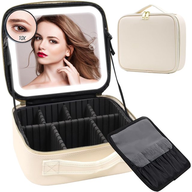 Estuche de viaje para maquillaje con espejo iluminado, bolsa de maquillaje con espejo iluminado, brillo de 3 colores, organizador de bolsa de cosméticos portátil impermeable