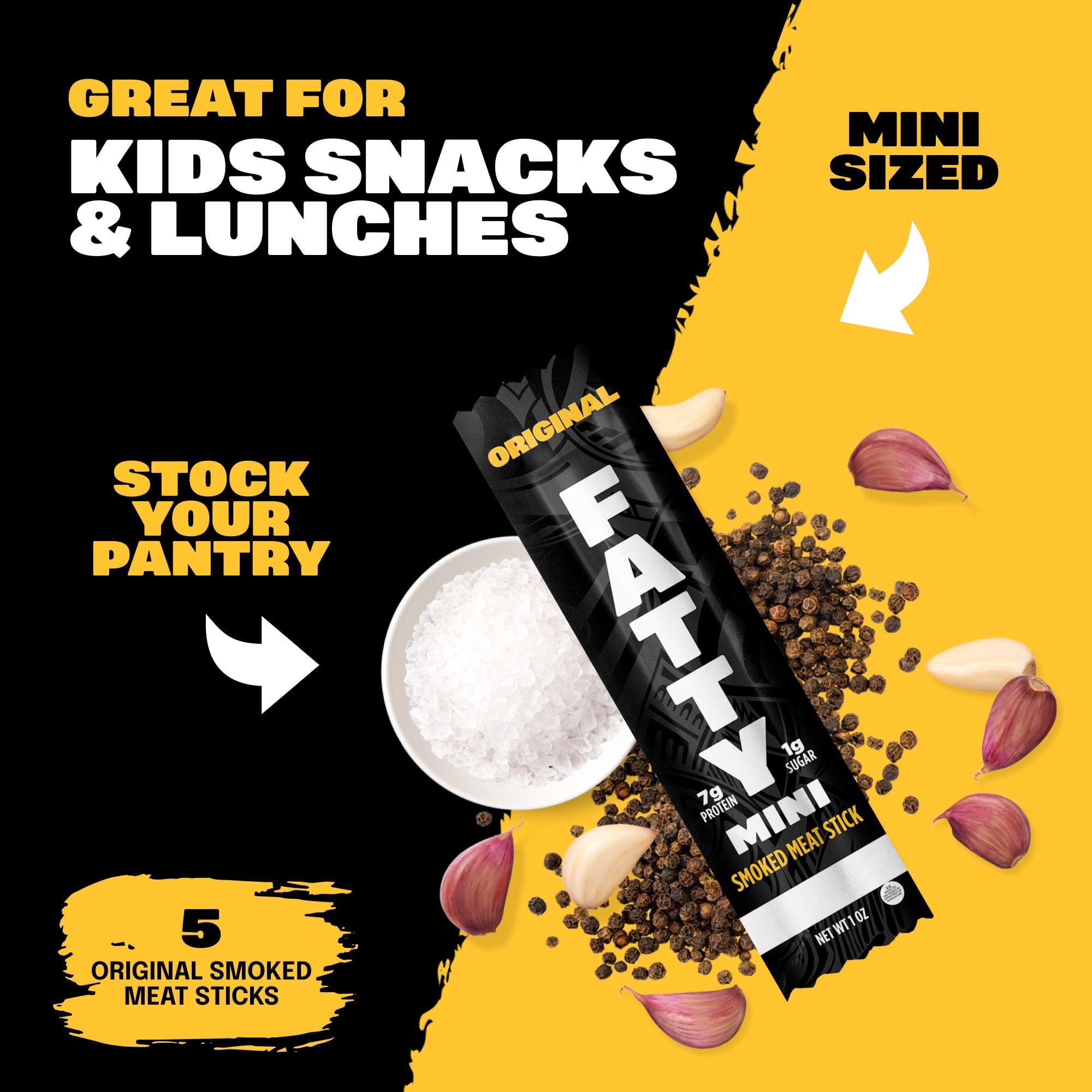 FATTY Mini Meat Sticks, Made with Grass Fed Beef, Pork Raised Without Antibiotics, 7g Protein Per Stick, Original Minis, 1 oz. Snack Size (Pack of 5)