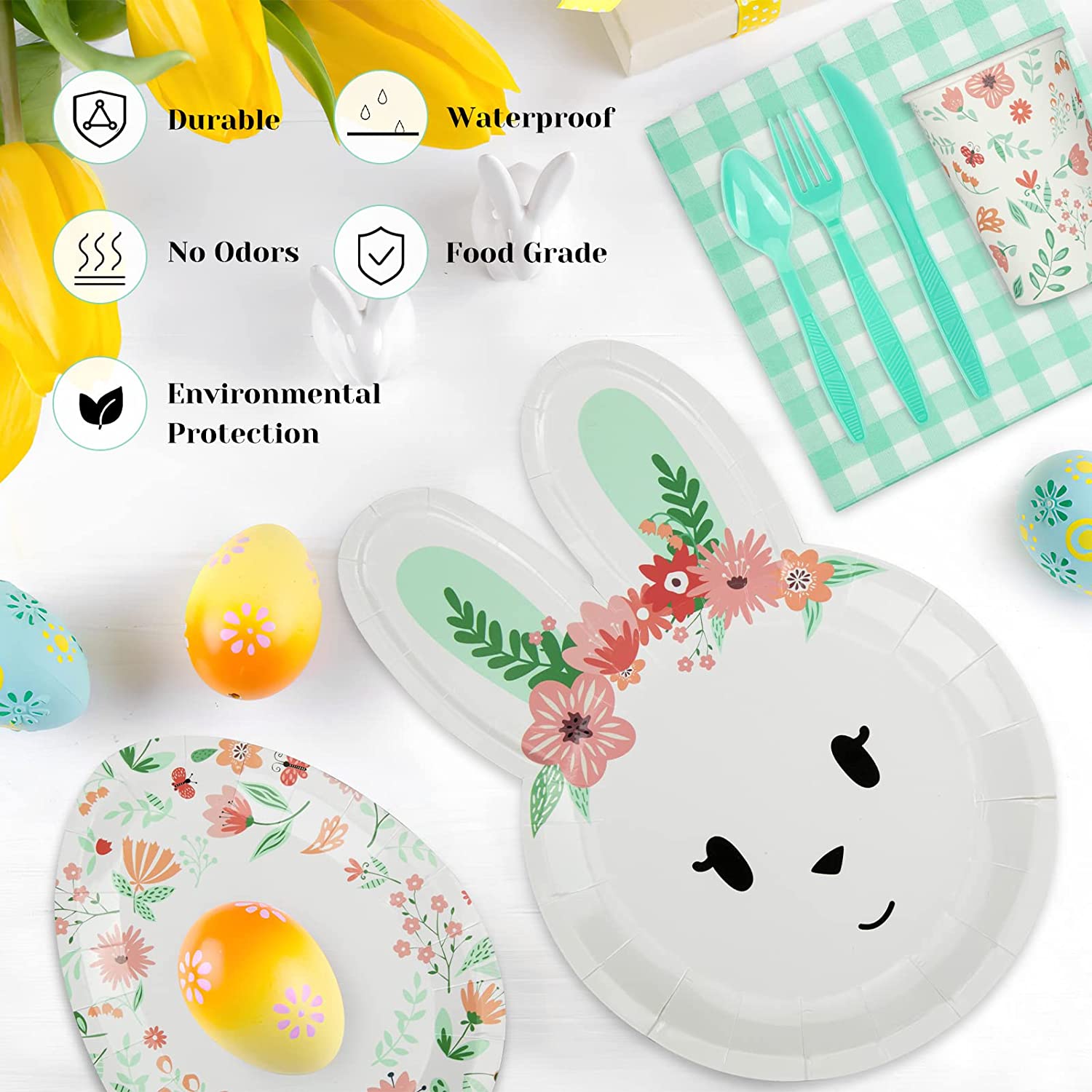 Fashionwu 117 Pcs Easter Disposable Dinnerware Set, Easter Green Decorations Paper Plates, Service for 16 Easter Party Supplies Includes Plates Cups Knives Forks Spoons Napkins Tablecloth - image 5 of 9